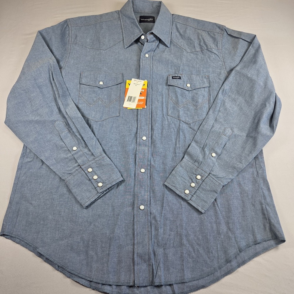Wrangler Western Chambray Pearl Snap Shirt Cowboy Cut Lightweight XL NWT